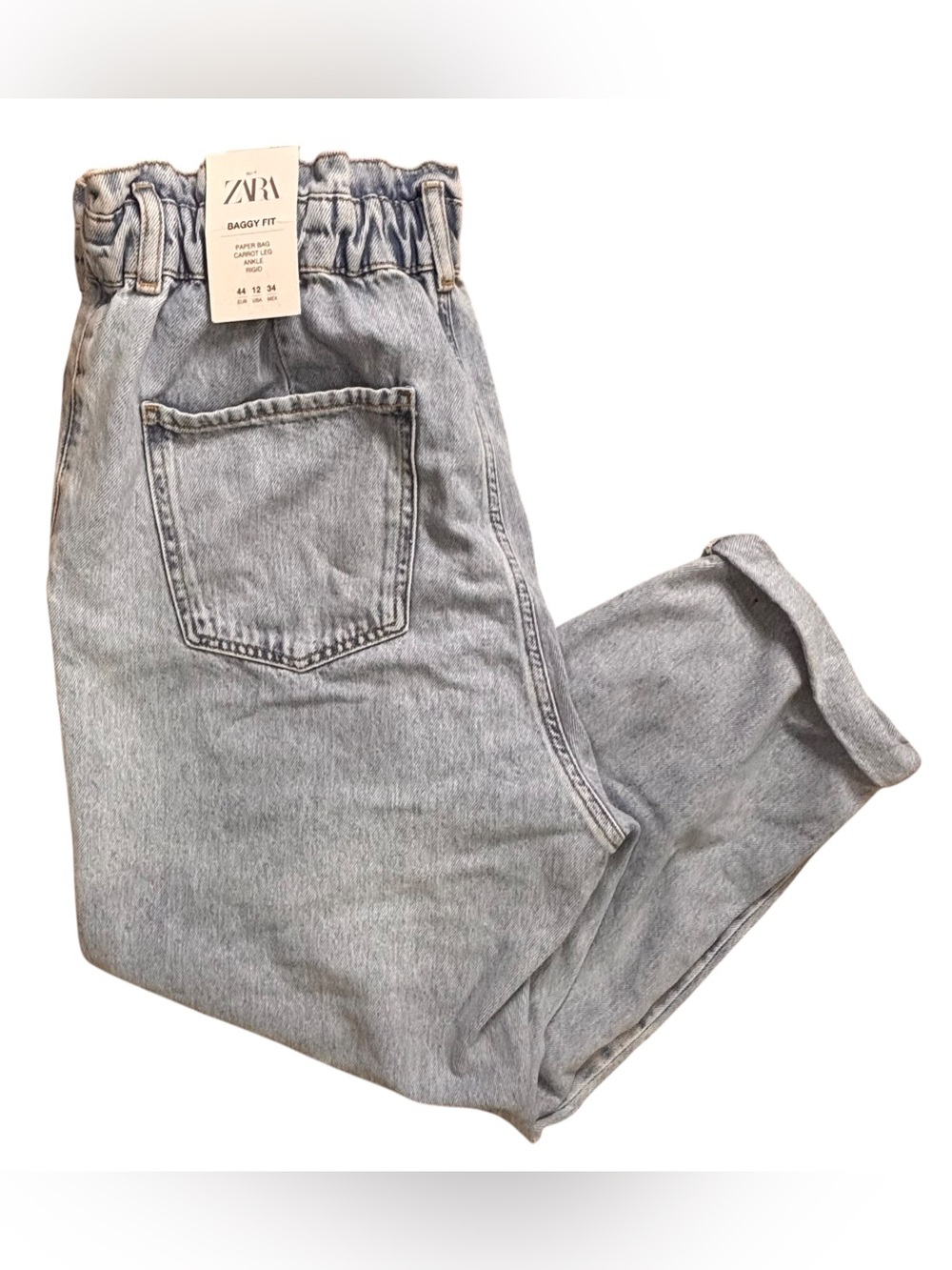 NWT Zara Paperbag Waist Baggy Carrot Ankle Jeans Light Wash Size 12